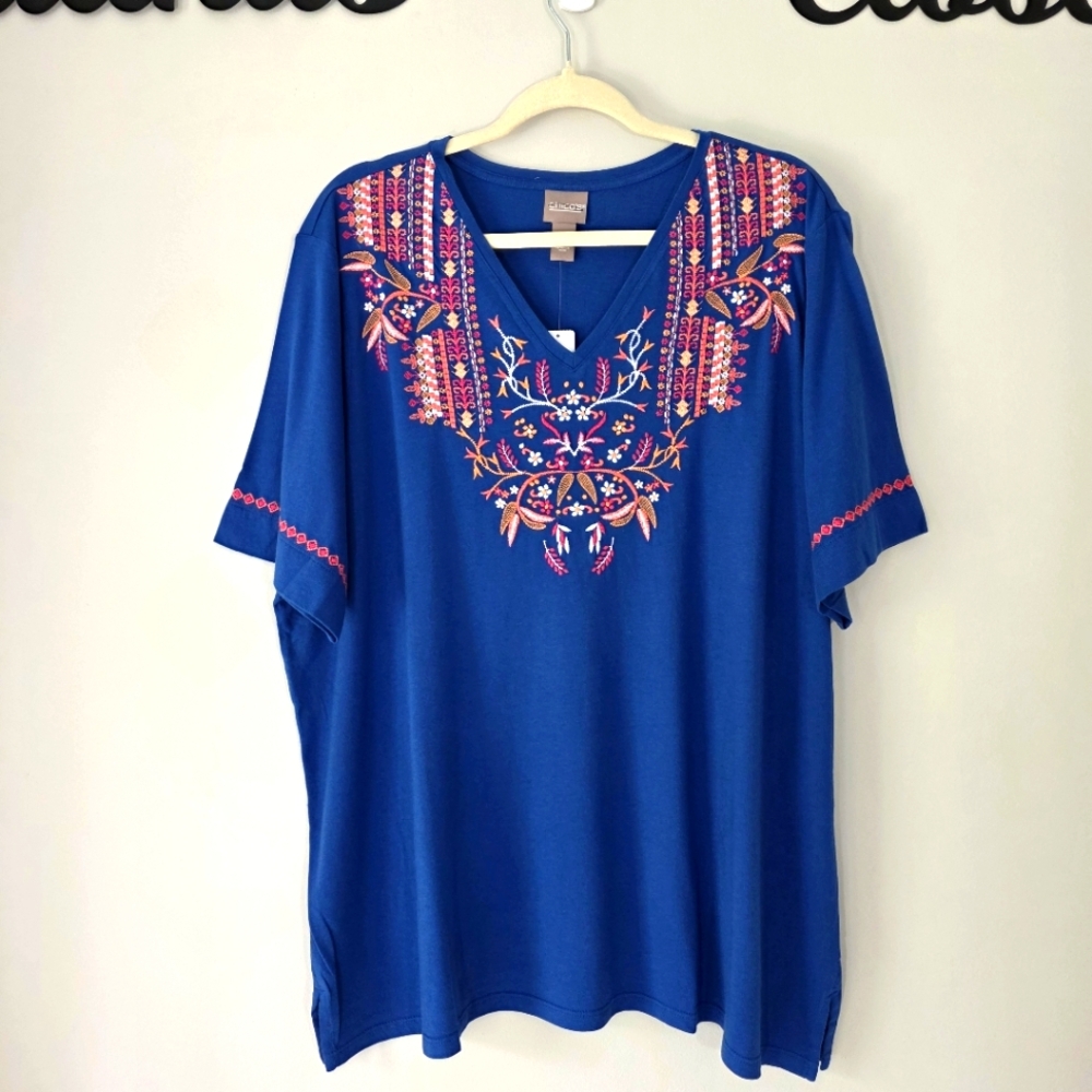 Chicos Embroidered V-neck Short Sleeve Tunic Peasant Boho Top Size‎ XXL NWT